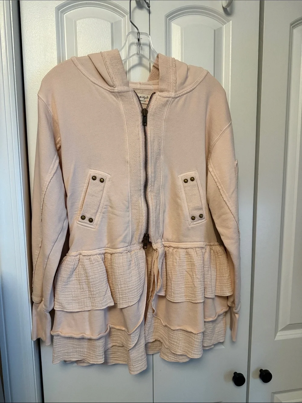Free People Piece of Cake Zip Up Cardi Light Pink Ruffle Hoodie Jacket X-Small